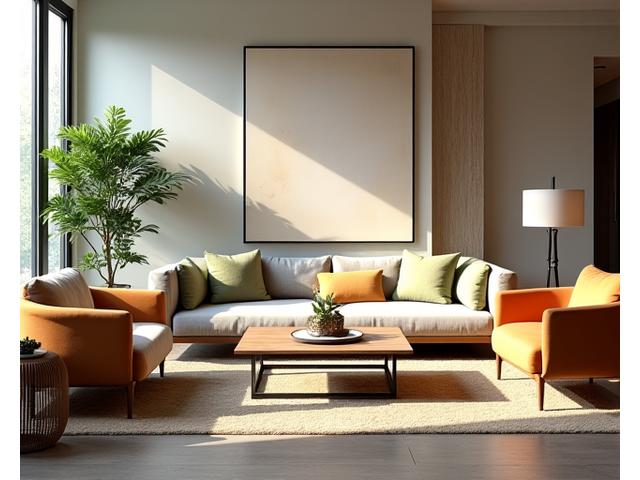 A beautifully styled living room in a modern showroom, bathed in natural light, showcasing comfortable contemporary furniture and elegant decor.