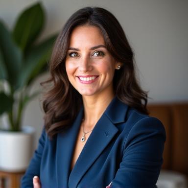 Portrait of Elara Vance, Lead Interior Designer for Aria Furnishings, smiling confidently.