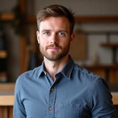 Portrait of Marcus Thorne, Custom Furniture Specialist for Aria Furnishings, looking thoughtful.