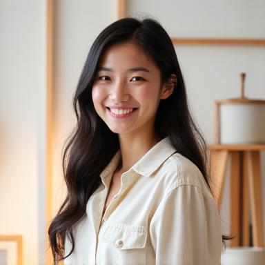 Portrait of Sophia Chen, Junior Designer for Aria Furnishings, exhibiting a creative and approachable demeanor.