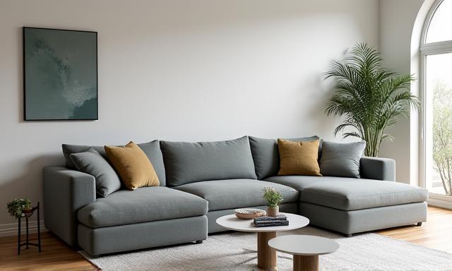 Contemporary living room with a sleek, minimalist grey sofa, throw pillows, and modern artwork.