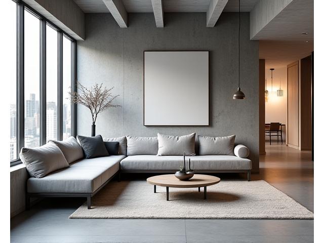 Sleek, minimalist furniture in a spacious, sunlit loft apartment.