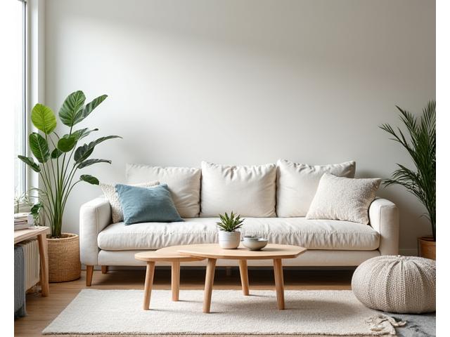 Cozy, minimalist Scandinavian style living room with light wood and soft textiles.