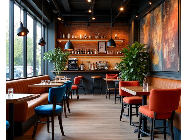 Cozy and modern cafe interior with stylish seating and warm lighting