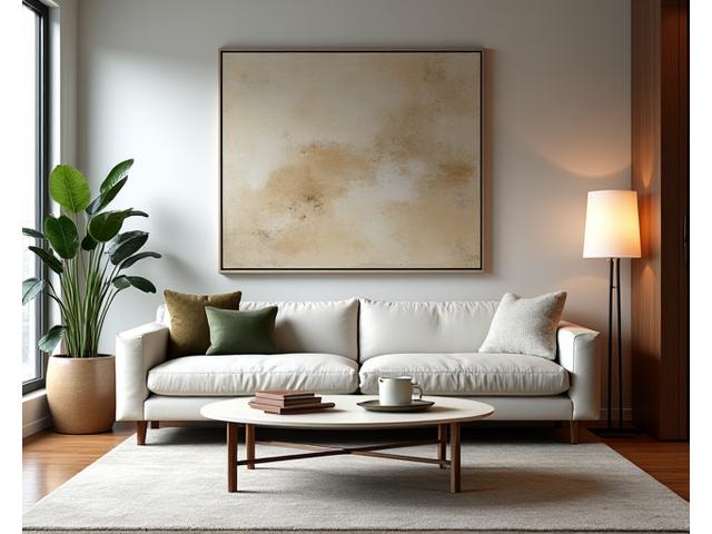 Stylish condo living room with modern sofa and minimalist decor