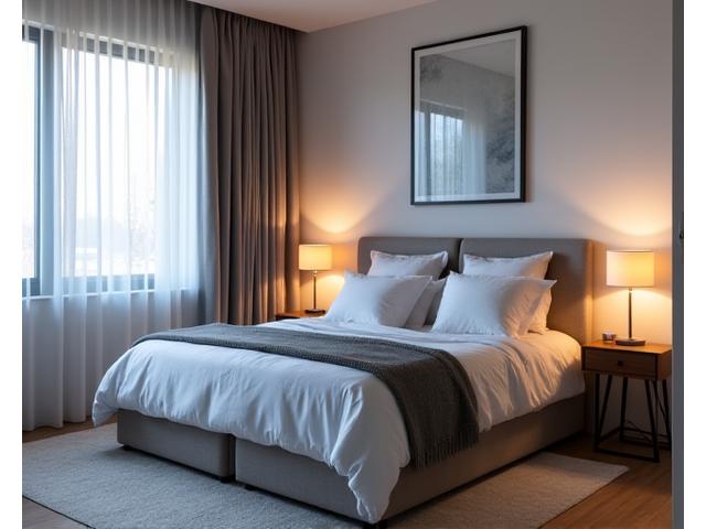 Modern condo bedroom with clean lines, comfortable bed, and chic decor