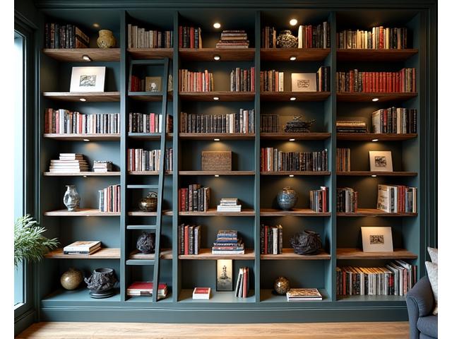 Custom-built floor-to-ceiling bookshelf filled with books and decorative items