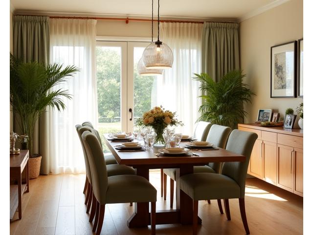 Bright and airy dining room in a family home, suitable for gatherings