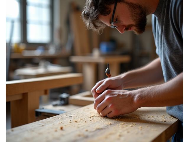 Craftsman meticulously working on a custom wooden dining table, surrounded by various tools and wood samples, in a well-lit workshop.