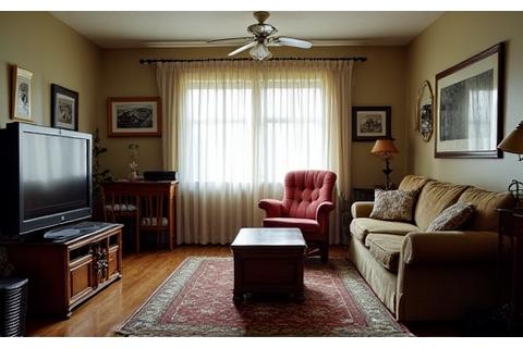 Before shot of a cluttered, outdated living room, awaiting modern interior design.