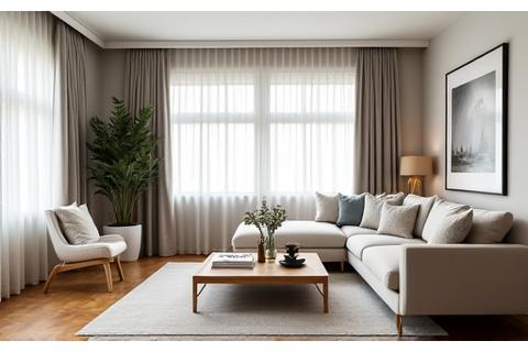After shot of the same living room, now transformed into a minimalist, elegant space with new furniture and decor.
