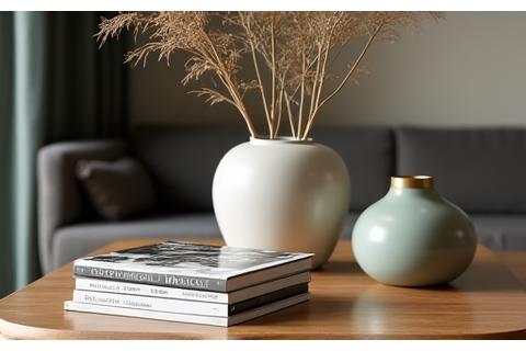 Detail shot of a perfectly styled coffee table with design books and a modern vase as part of an interior design project.