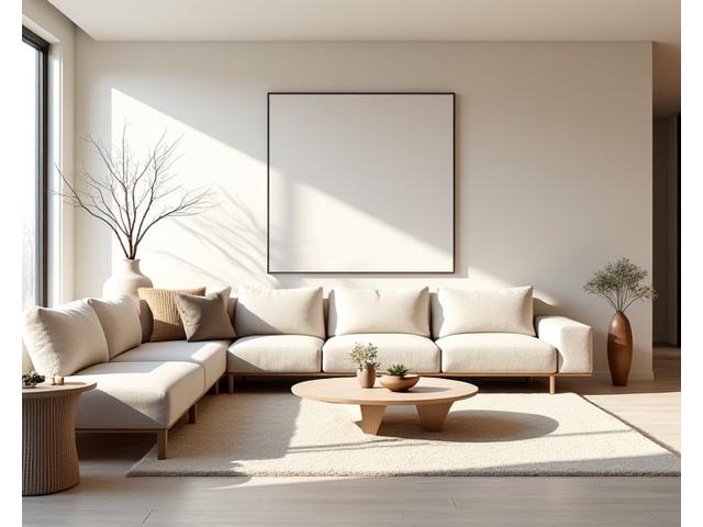 Beautifully staged modern living room with neutral tones, elegant furniture, and strategic decor placement, ready for property viewing.