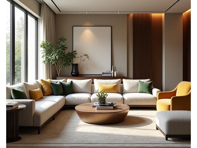 Elegant living room designed by Aria Furnishings, showcasing a blend of contemporary and classic furniture, soft lighting, and sophisticated decor.